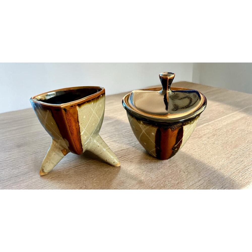 Atomic MCM Sugar & Creamer Set Japan Space Age Tripod Drip Glaze 1950s